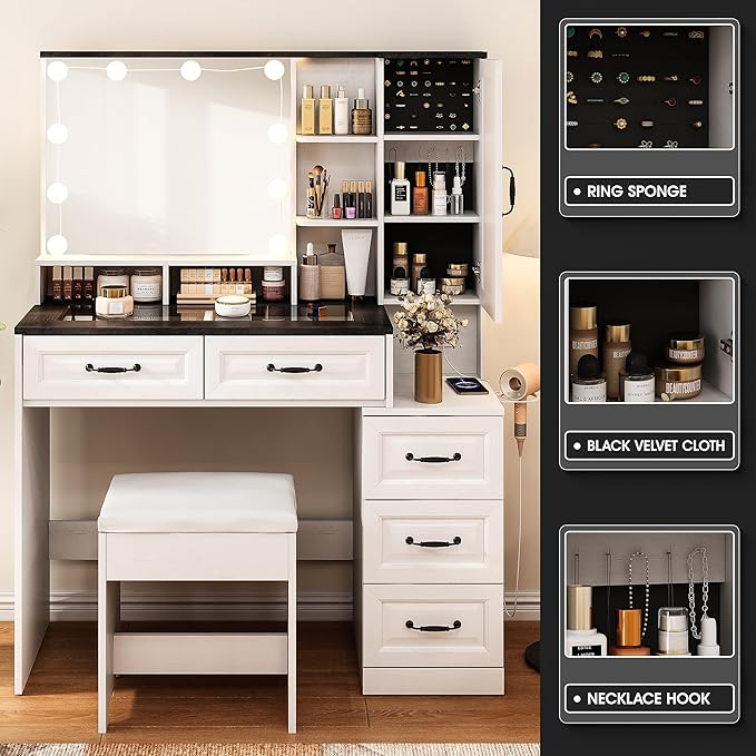 Vabches Makeup Vanity Desk with Lights and Mirror, Black Vanity Table Set with Charging Station, Glass Top Vanity with RGB Lights, Large Mirror with 3 Lighting Modes, 5 Drawers & Cabinet, 40.7in(L)