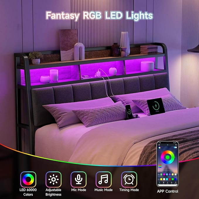 Ergonomic Headboard for Queen Size Bed with 2-Tier Storage, Upholstered Headboards with Outlets, USB Ports, LED Light, Queen Head Board Only, Height Adjustable, Sturdy and Stable, Black & Brown