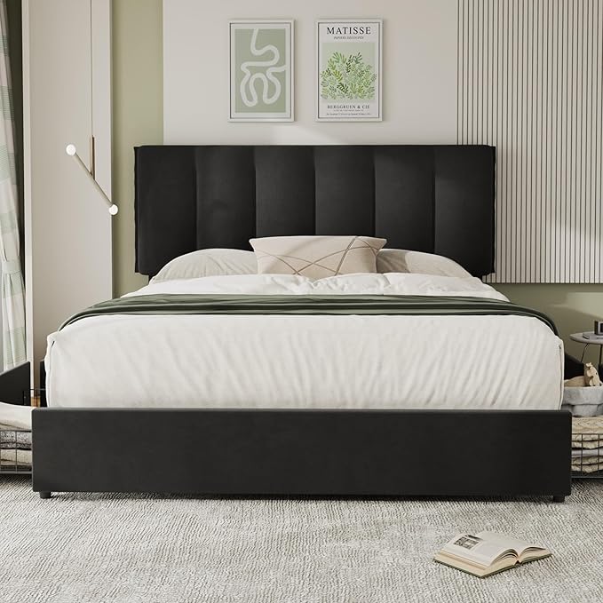 VECELO Full Size Bed Frame with 4 Storage Drawers, Adjustable Height Headboard, Heavy-Duty Platform Bedframe with Strong Wooden Slats, No Box Spring Needed, Black