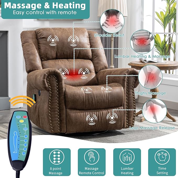 MEETWARM Massage Swivel Rocker Recliner with Heat and Vibration, Manual Glider Rocking Recliner Chair, 360°Swivel Lounge Reclining Chair with Remote Control/USB Ports for Living Room(Brown)