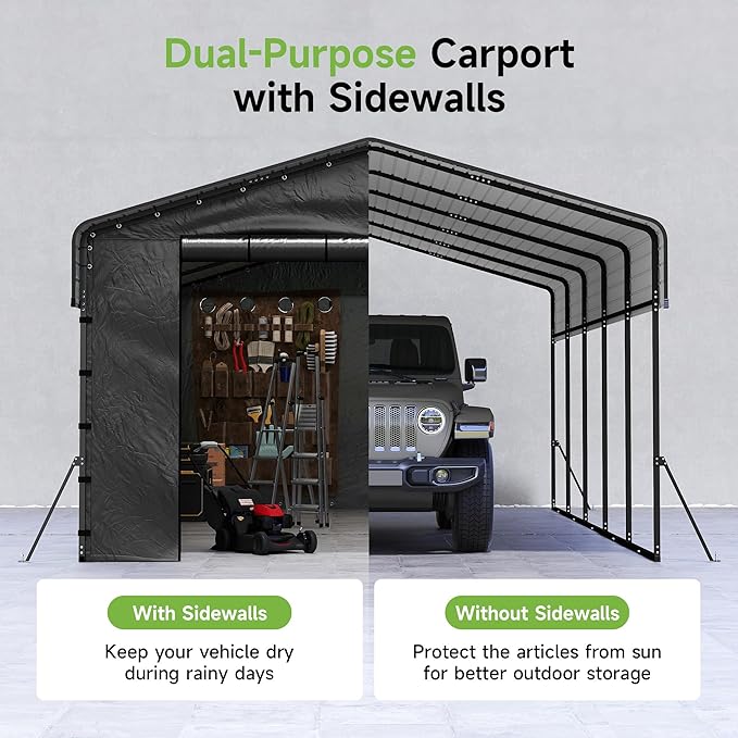 Real Relax 13' x 26' Heavy Duty Metal Carport, Outdoor Garage Car Shelter Shade with Removable Sidewalls, Extra Long Heavier Metal Frame for SUV Trucks and Boats, Gray