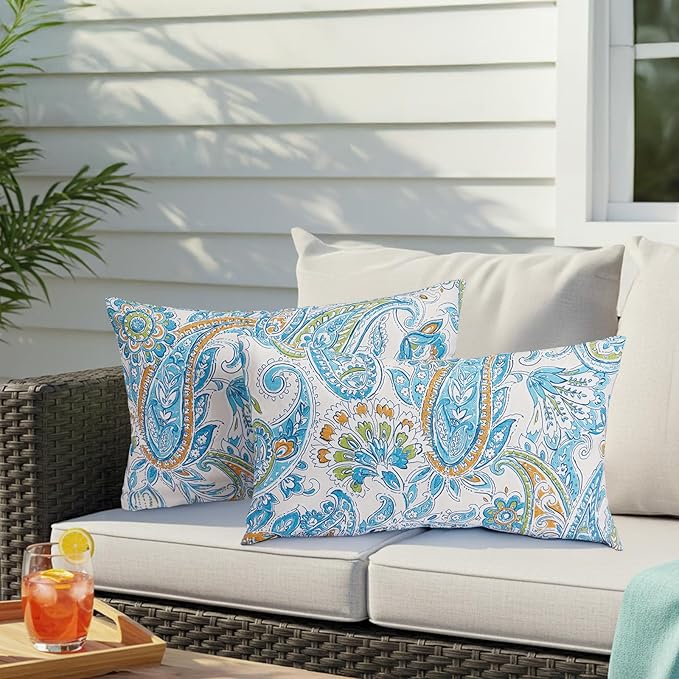 Outdoor Lumbar Pillows Waterproof 12×20 Inch with Insert, Decorative Toss Pillows Set of 2, Rain-Proof, Fade Resistant for Patio Furniture, Sofa, Couch, Garden