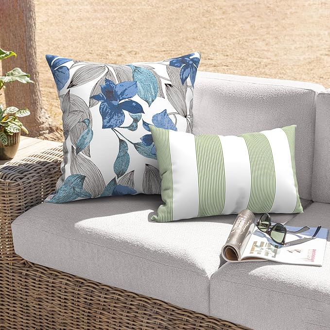 Outdoor Throw Pillows with Inners, All Weather Patio Pillows Set of 2, Square Pillows Decorative for Home Garden Furniture, 20x20 Inch, Clemens Blue