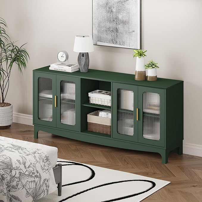 65 Inch Green TV Stand for TVs up to 70+ inch, Mid Century Modern Glass Door TV Console Table, Entertainment Center with Storage Cabinet, Wood Media Console for Bedroom, Living Room (Green)