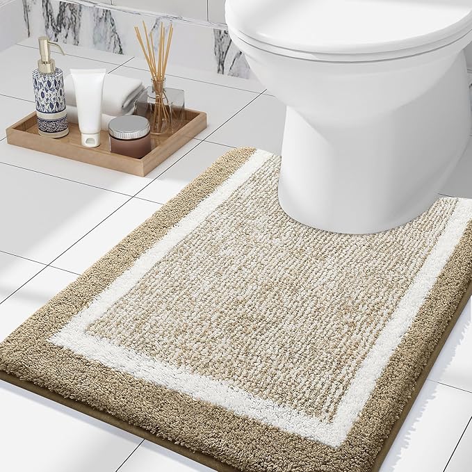 OLANLY Toilet Rugs U-Shaped 24x20, Extra Soft and Absorbent Microfiber Bathroom Rugs, Non-Slip, Machine Wash Dry, Plush Shaggy Contour Bath Mats for Toilet Base (Tan and White)