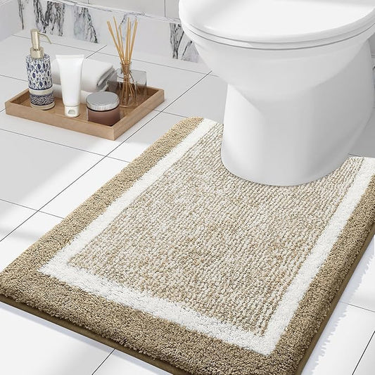 OLANLY Toilet Rugs U-Shaped 24x20, Extra Soft and Absorbent Microfiber Bathroom Rugs, Non-Slip, Machine Wash Dry, Plush Shaggy Contour Bath Mats for Toilet Base (Tan and White)
