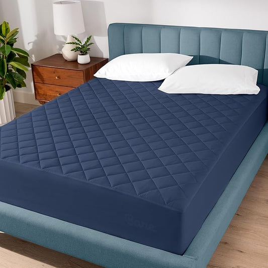 Bare Home King Quilted Fitted Mattress Pad - Cooling Mattress Cover - Easily Washable - Elastic Fitted Cover for Mattress - Stretch-to-Fit up to 15 Inches Deep (King, Dark Blue)