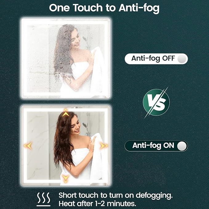 36"x 40" Bathroom Mirror with Lights, LED Mirror for Bathroom with Stepless 3 Colors Temperature & Dimmable Memory Anti-Fog Tempered Glass Mirror