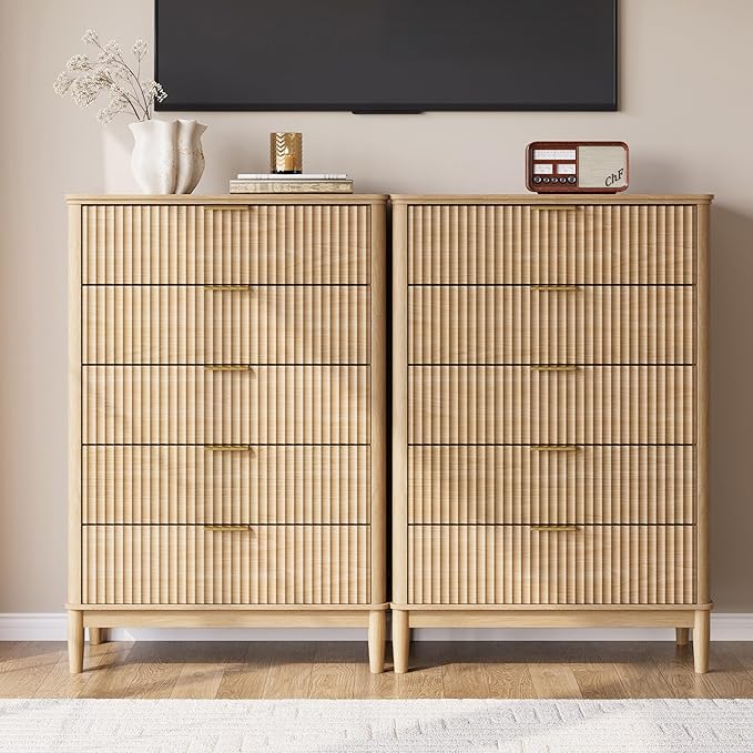 LINSY HOME Fluted Dresser for Bedroom with 5 Drawers, 46" Tall Chest of Drawers, Mid Century Modern Dresser with Metal Handle, Wood Closet Storage Cabinet for Living Room, Hallway, Oak