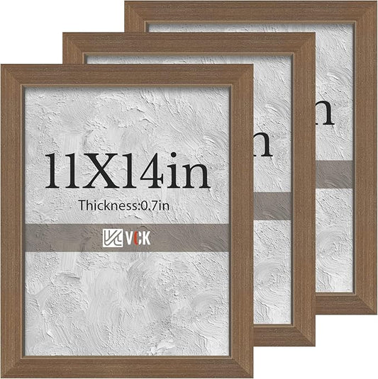 VCK 11x14 Brown Picture Frames 3 Pack, High-End Wood Wide Border Poster Frame, Multi-Directional Display Family Photos, Office Prints, Studio/Gallery/Home Artwork