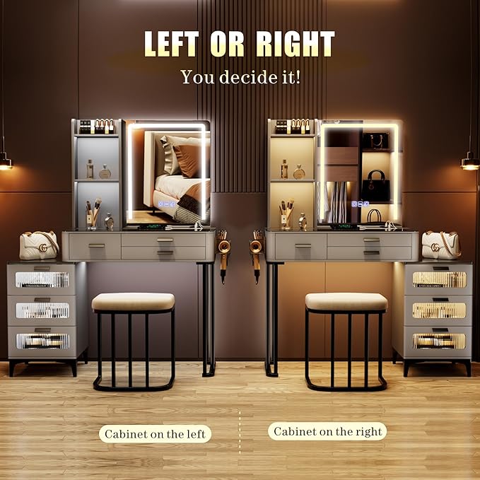 HNEBC Vanitys with HD Glass Display Table, Makeup Desk with Lighted Mirror and Charging Station, Dressing Table with RGB Lights,Jewelry Organizer,Cabinet,6Drawers,Chair for Women/Girls (Grey)