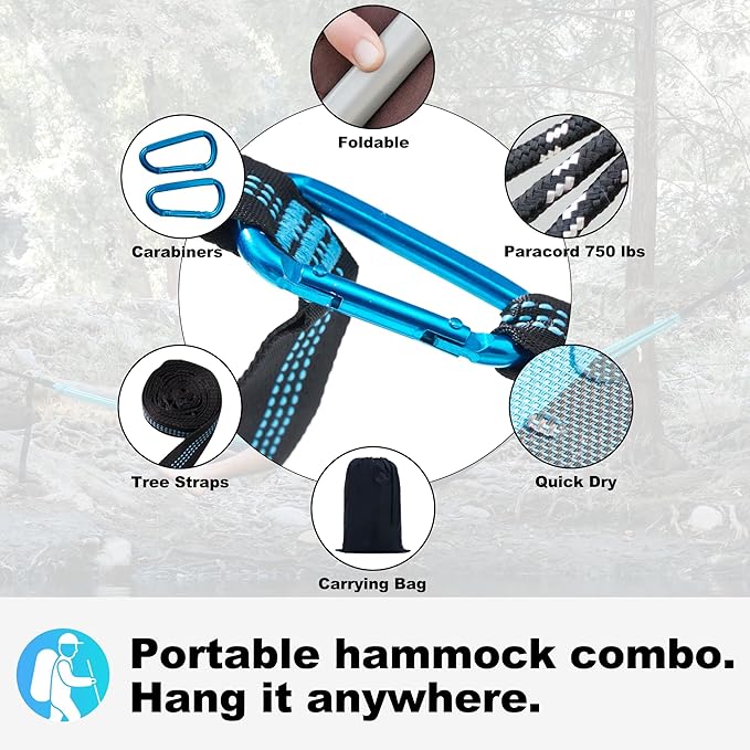 14ft 2 Person Outdoor Hammock, Portable Camping with Folding Steel Spreader Bar, Carrying Bag, Carabiners, Tree Straps, Pillow & Sidebag, Quick Dry Textilene, 550 lbs Capacity (Lakeside Aqua)