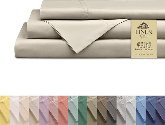 Linen Home 100% Cotton Percale Sheets Queen Size, Light Taupe, Deep Pocket, 4 Pieces Set - 1 Flat, 1 Deep Pocket Fitted Sheet and 2 Pillowcases, Crisp Cool and Strong Bed Linen