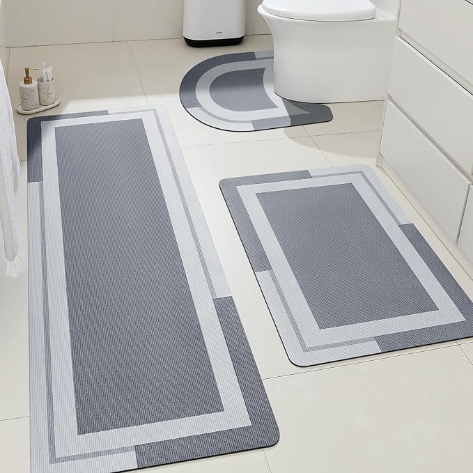 ACCUMTEK Ultra Thin Bath Mats Fit Under Door 3 Piece, Upgrade Backing Non Slip Bath Mat, Quick Dry Absorbent Bath Mat, Machine Washable Bathroom Rugs for Bathroom Floor, Bathtub, Kitchen, Grey