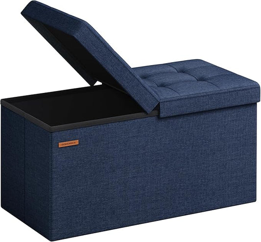SONGMICS Mazie Collection - 30 Inches Storage Ottoman, Foldable Storage Bench with Flipping Lid, 660 lb Load Capacity, for Entryway, Living Room, Bedroom, Midnight Blue ULSF046Q02