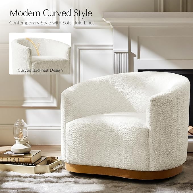 HULALA HOME Chenille Swivel Accent Chair, Fully Assembled, Comfy Upholstery Barrel Armchair with Sturdy Solid Wood Base, Ivory