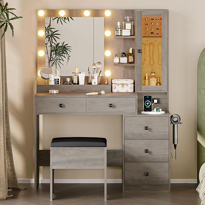 Vanity Desk with Mirror and Lights, Grey Makeup Vanity with 5 Drawers Hidden Jewelry Organizer& LED Glass Cabinet,3 Light Mode and Brightness Adjusted,Vanities Mirror with Lights Desk and Chair