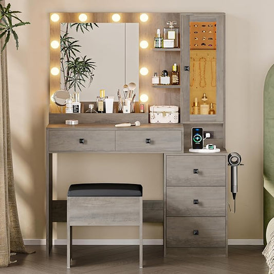 Vanity Desk with Mirror and Lights, Grey Makeup Vanity with 5 Drawers Hidden Jewelry Organizer& LED Glass Cabinet,3 Light Mode and Brightness Adjusted,Vanities Mirror with Lights Desk and Chair