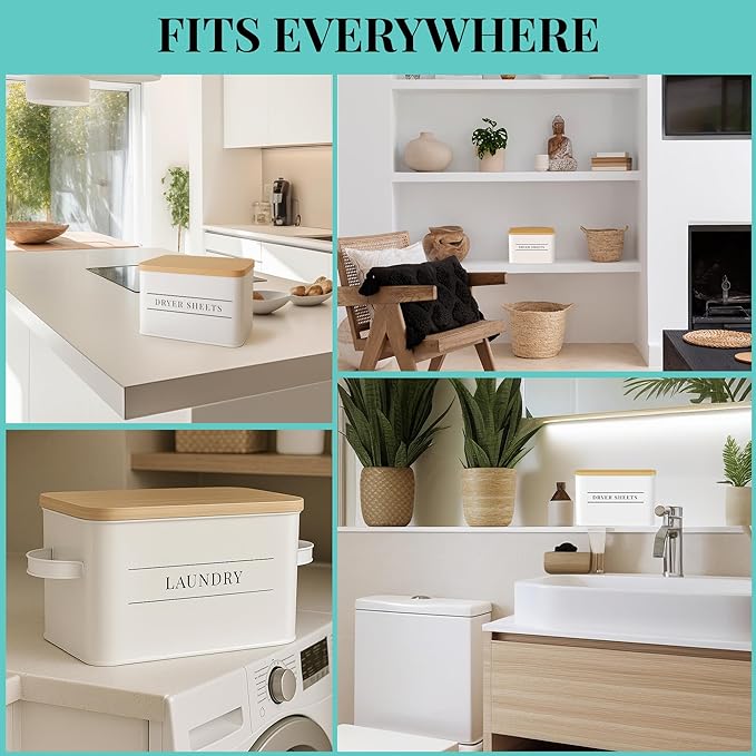 Metal Dryer Sheets Holder with Lid – Set of 2 Storage Bins for Laundry Room Organization & Home Decor – Classic White Metal Laundry Storage Containers with Lids - Sheet Organizers and Storage