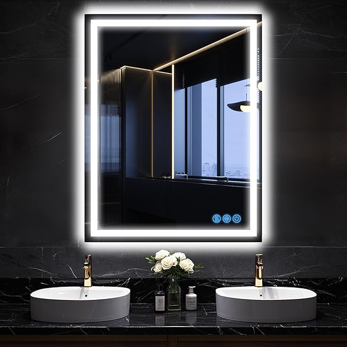 Antok 36"x 28" LED Bathroom Mirror with Lights, Anti-Fog, Dimmable, Lighted Vanity Mirror with Tempered Glass, Memory Function, 3 Light Modes, Safe Use, Horizontal, Vertical