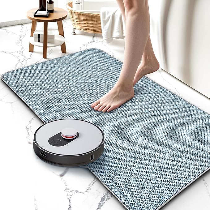 Upgraded Thin Bathroom Rugs, Bath Mat Super Absorbent, Bath Rugs Rubber Backing Non-Slip, Quick Dry Machine Washable, Cozy Cloth Bathroom Mat fit Under Door/Sink/ Bathtub/Shower/Kids 19''x30''-Blue