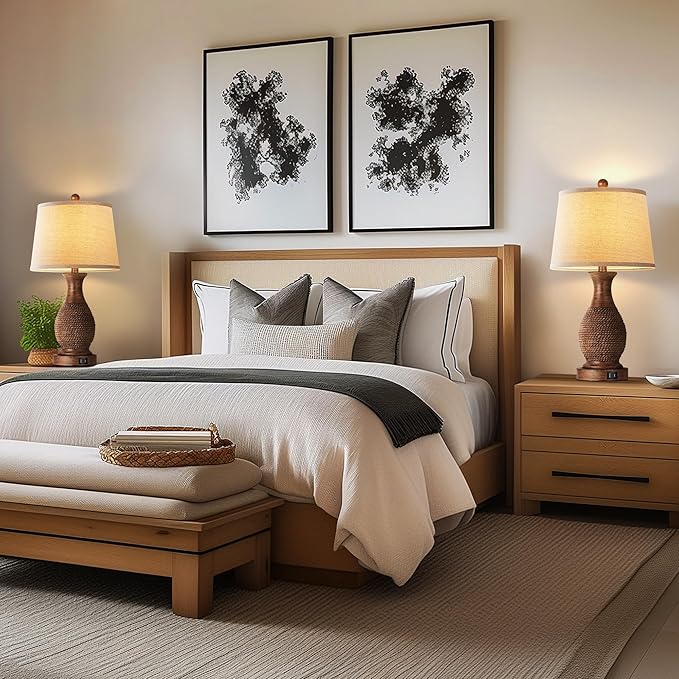 PARTPHONER Table Lamps Set of 2, Bedside Touch Lamp with USB C+A Charging Ports, Side Table Lamp with Linen Fabric Shade (LED Bulbs Included), Wood