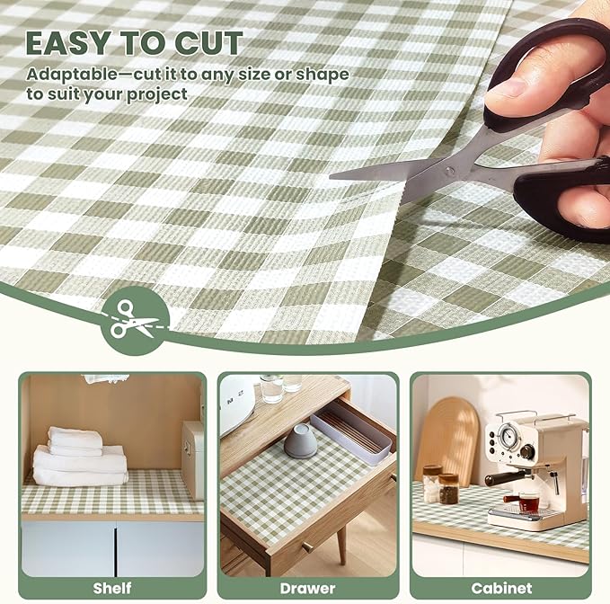 Drawer Liner and Shelf Liner for Kitchen Cabinet Liner Non-Adhesive Non-Slip Shelf Paper, Thick Strong Grip Waterproof Easy to Clean for Shelves, Cupboard, Desks, Green Plaid Pattern, 17.5 in x 20 FT