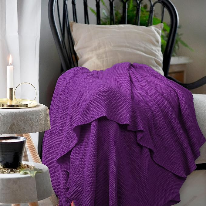 PiccoCasa 100% Cotton Knit Throw Blanket,Solid Lightweight Decorative Throws and Blankets,Soft Knitted Throw Blanket for Sofa Couch, Purple, 50" x 60"
