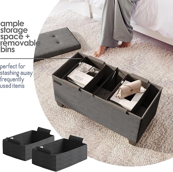 STORAGEBUD Storage Ottoman Bench with Bins, 30-in Storage Bench for Bedroom End of Bed, Folding Foot Rest Ottoman for Living Room Max 660lbs, Velvet Ottomans, Grey