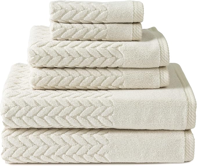 Texere 100% Organic Cotton Jacquard 650 GSM Premium Bath Towel Sets - Extra Absorbent Quick Dry and Plush, 2 Large Bath Towels, 2 Hand Towels, 2 Washcloths (Cable, Birch, 6 Piece)