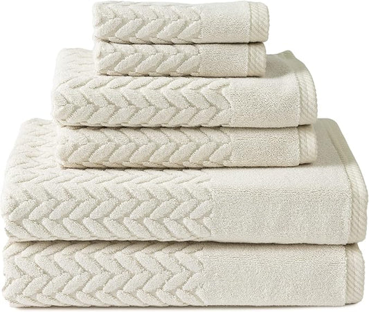 Texere 100% Organic Cotton Jacquard 650 GSM Premium Bath Towel Sets - Extra Absorbent Quick Dry and Plush, 2 Large Bath Towels, 2 Hand Towels, 2 Washcloths (Cable, Birch, 6 Piece)