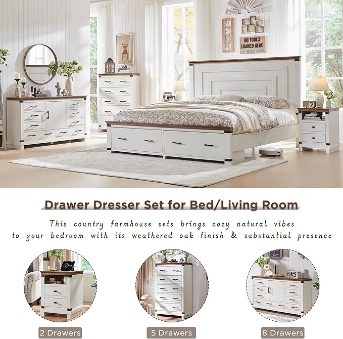 Farmhouse 7 Drawers Dresser for Bedroom, Wood Large Chest of Drawers with Thick Plank Styling, Rustic Closet Dresser for Bedroom, Living Room, Antique White Color