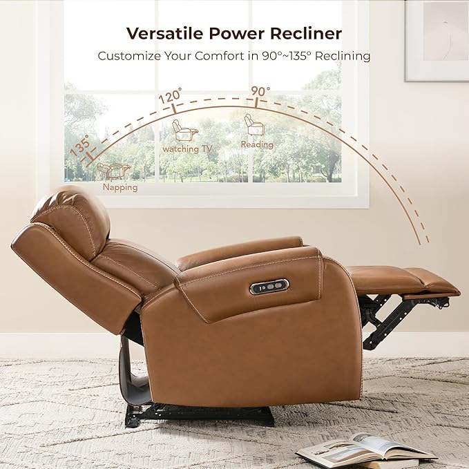 CHITA Genuine Leather Power Recliner Chair for Adults, Electric Wall Hugger Recliner with Adjustable Power Headrest & USB/Type-C Ports, Compact for Small Spaces & Living Rooms, Saddle Brown