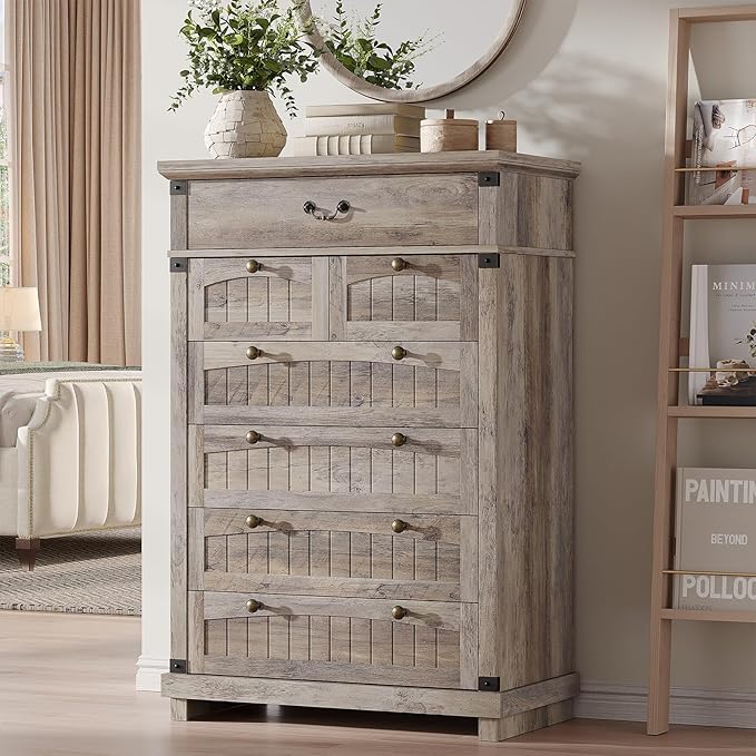 Maupvit Farmhouse 7 Drawer Dresser for Bedroom, 47" Tall Dresser Wood Chest of Drawers, Organizer Drawers for Bedroom, Living Room, Storage Room, Rustic Grey