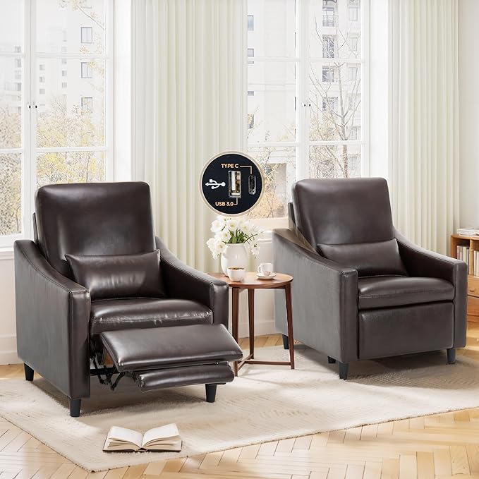 COLAMY Pushback Electric Recliner Chair Set of 2, Premium Leather Upholstery with Adjustable Angles, Extra Lumbar Pillow, Built-in Charging Port, Business-Casual Style for Living Room,Brown