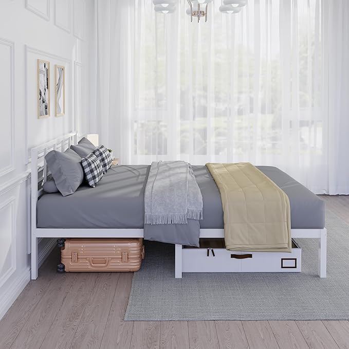 14 Inch Bamboo Bed Frame – Solid Wood Platform Bed Frame, Strong and Stable, with Non-Slip Slats for Support, No Box Spring Needed, Easy to Assemble, Noise-Free (White with Headboard, Queen)