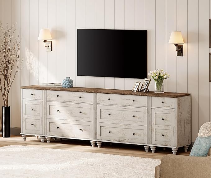 WAMPAT Farmhouse TV Stand for 100 Inch TV, 3-in-1 TV Console Table with 8 Drawers and 2 Storages, Entertainment Center, Nightstands with Charging Station for Living Room, Rustic White
