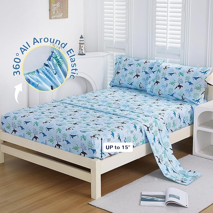 Viviland 4 Pieces Boys Blue Ocean Full Sheet Set - Soft Microfiber Fitted Flat Sheets & Pillowcases - Blue Ocean Whales, Sea Turtles, Marine Organisms Bedding Sets - for Kids & Toddlers