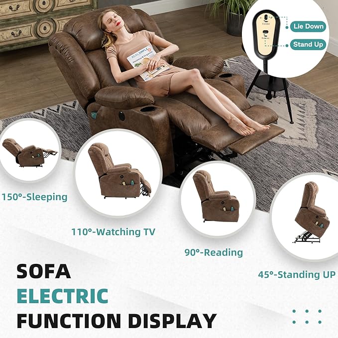 MEETWARM Large Power Lift Electric Recliner Chair with Extended Footrest for Big Tall Man, Overstuffed Wide Recliner with Massage and Heat, 2 Remote Controls/USB Ports/4 Side Pockets(Brown)