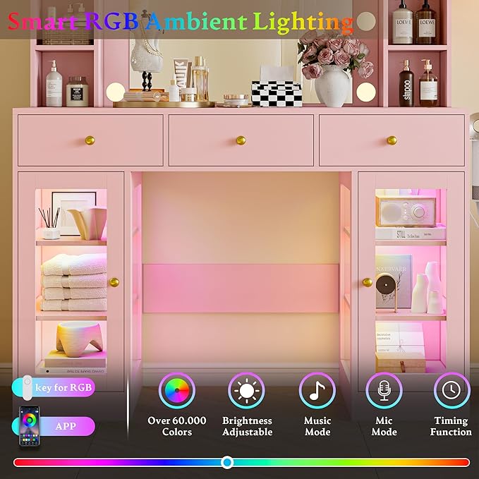 Makeup Vanity Desk with Mirror and Lights, Pink Vanity with Glass Top, LED Lights & Power Outlet, 3 Drawers & 2 RGB Glass Cabinets, Adjustable Lighted Dressing Table for Women & Girls Bedroom