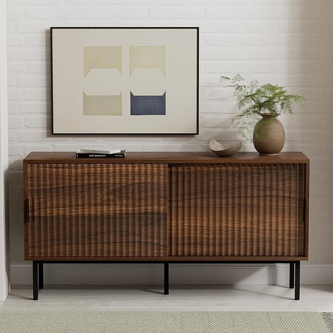 Fluted Tv Stand with Sliding Doors, 47" Mid Century Storage Cabinet with Adjustable Shelf, Wooden Media TV Console Entertainment Center for Living Room, Brown