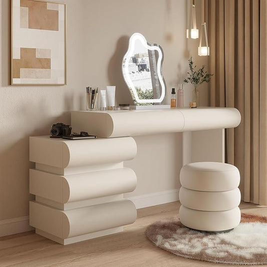 Makeup Vanity Desk with Mirror and Lights, Luxury Dressing Table with Free Retractable Side Cabinet, Microfibre Leather Wrapped Vanity Set with 5 Solid Wood Drawers, Stool-39.4in / White