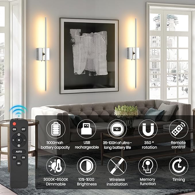 LED Wireless Battery Operated Wall Sconces, 11000mAh Rechargeable Chrome Wall Lights with Remote Control, 350°Rotate Dimmable Wall Lamp, 3 Color Temperatures, for Bedroom Living Room Hallway, 2 PCS