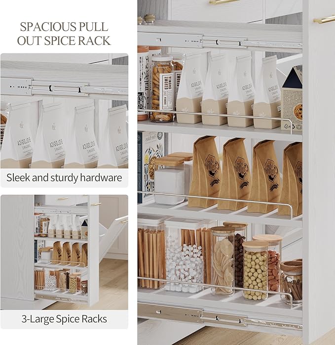 4 EVER WINNER Kitchen Island with Trash Can Storage, Rolling Kitchen Cart on Wheels with Spice Rack & Towel Rack, Movable Island for Kitchen, White