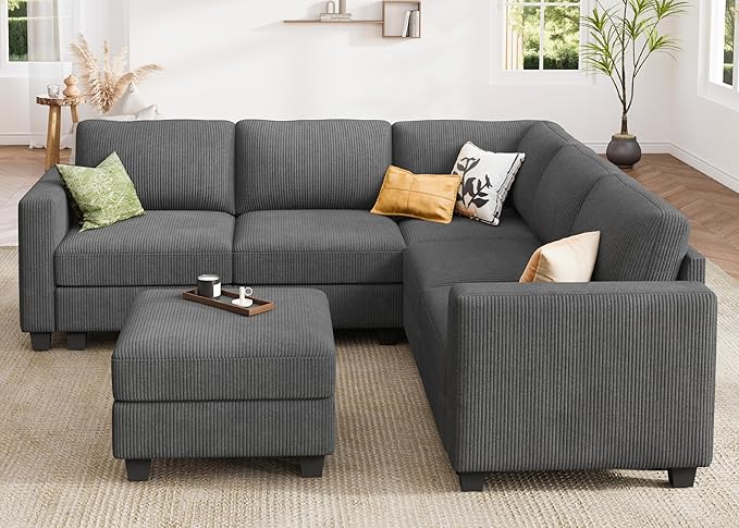 HONBAY Corduroy Modular Sectional Couch with Storage L-Shaped Sectional Couches for Living Room 6 Seater Modular Sofa, Dark Gray