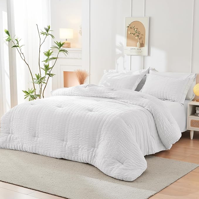 HYMOKEGE White Full Size Comforter Sets Seersucker 7 Pieces, All Season Luxury Bed in a Bag for Bedroom, Bedding Set with Comforters, Sheets, Pillowcases & Shams