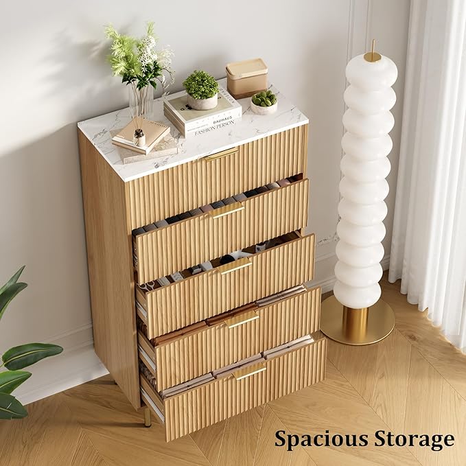 Fluted Wood Dresser 5 Drawers Dresser for Bedroom, Modern Chest of Drawers, Tall Brown Dresser with Faux Marble Top and Gold Handle, Wood Drawer Organizer for Bedroom, Living Room, Hallway, Entryway