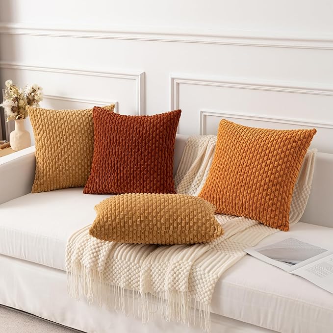 Kevin Textile Throw Pillow Covers Soft Corduroy Decorative Set of 2 Boho Striped Pillow Covers Pillowcases Farmhouse Home Decor for Couch Bed Sofa Living Room 24x24 Inch Gold