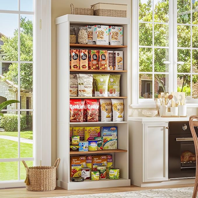 Vyre 70.8" Tall Farmhouse Bookshelf with Glass Doors, Modular Bookcase with 6-Tier Adjustable Shelves, Large Storage Cabinet for Kitchen, Living Room, White, Set of 3