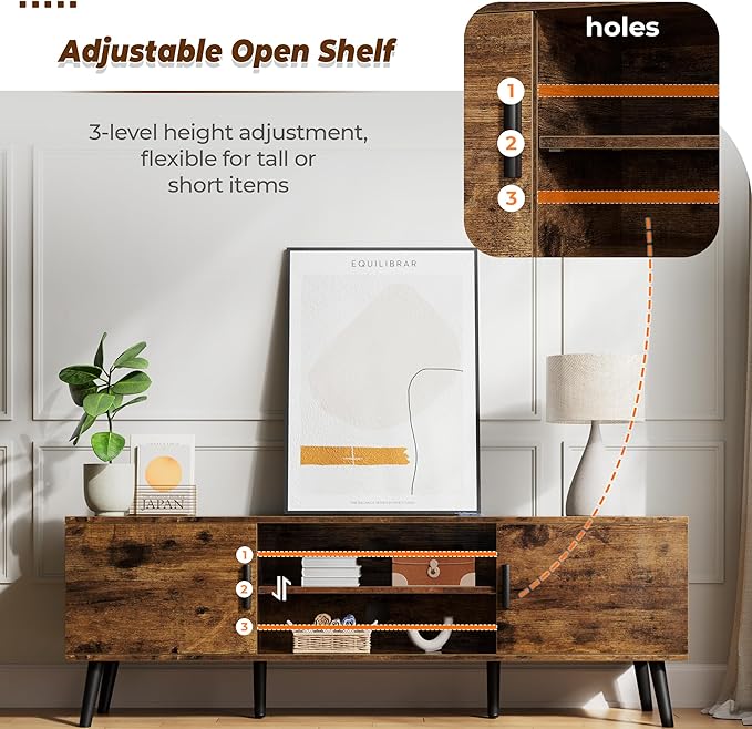 SUPERJARE TV Stand for 55 Inch TV, Entertainment Center with Adjustable Shelf, 2 Cabinets, TV Console Table, Media Console, Solid Wood Feet, Cord Holes, for Living Room, Bedroom, Rustic Brown